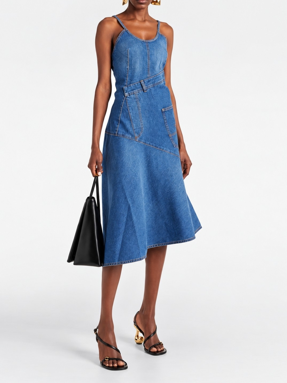 JW ANDERSON $1340 Blue Denim A-Line Midi Dress with Belt Detail